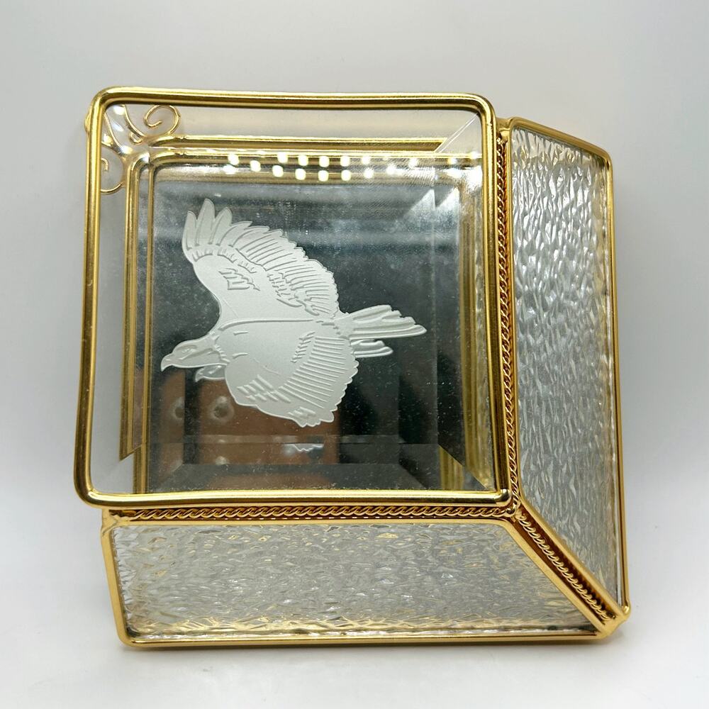 Vintage Glass & Brass Etched Eagle Hanging Wall Mirror Backed Pocket Decor